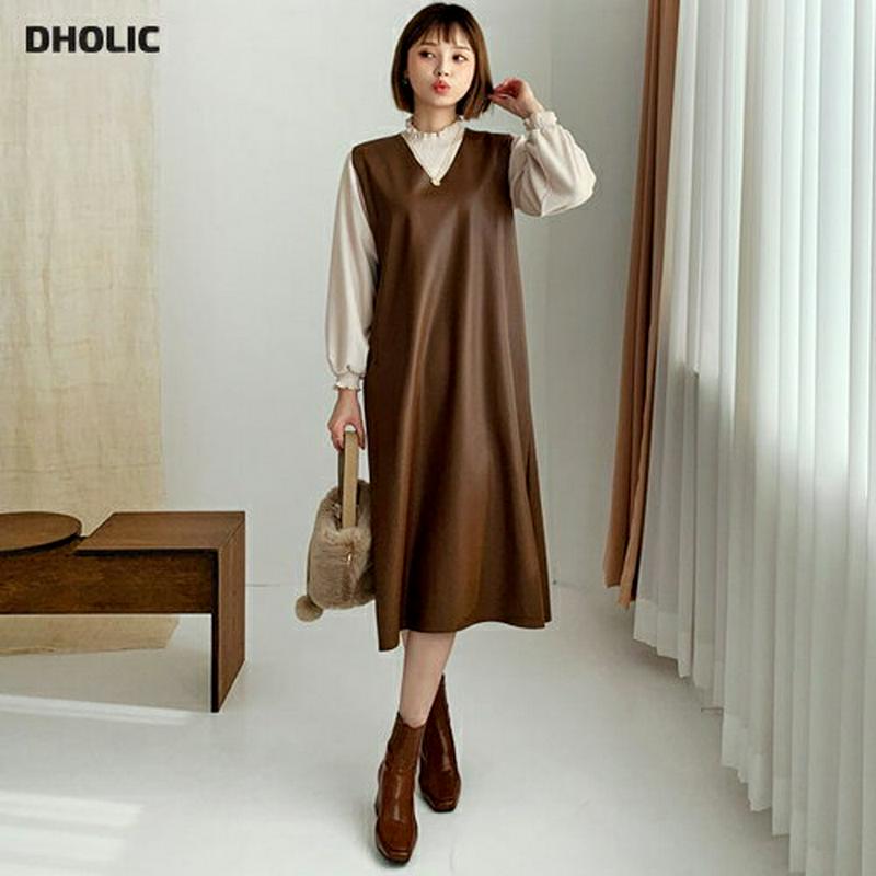 【只今10%OFF】裏起毛レザー調ワンピース・全2色・b56356 レディース 【ops】【韓国 ファッション ワンピース ロング Vネック ノースリーブ スリーブレス ベストワンピース Hライン 光沢 艶 ユニーク 無地 カジュアル 秋 冬】