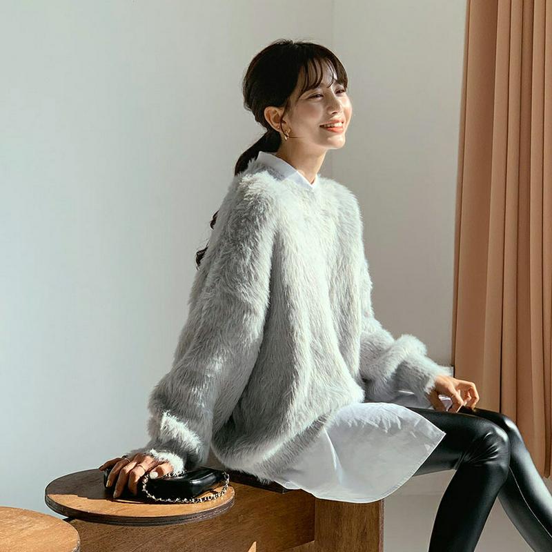 【新作10%OFF】ルーズソフトニット・全3色・b56385 レディース 【tops】【韓国 ファッション トップス ニット シャギーニット ブークレー ファーニット ファー エコファー ラウンドネック 長袖 ぼわん袖 ボリューム袖 パフスリーブ 無地 ルーズ　ゆったり カジュアル 秋 冬】