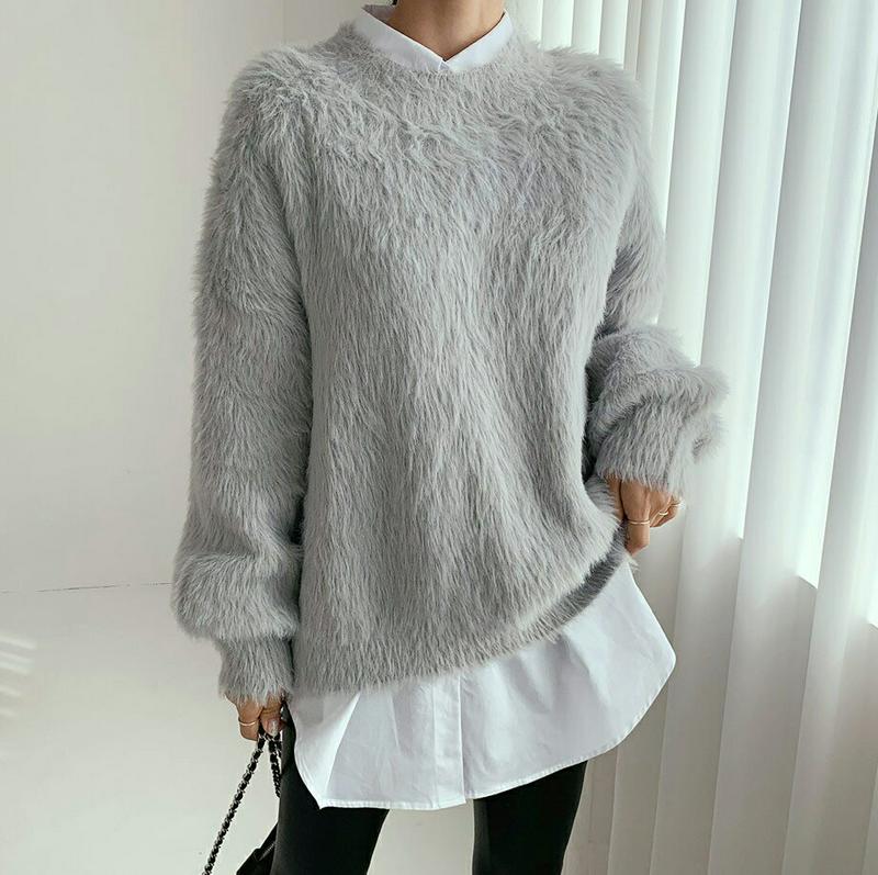 【新作10%OFF】ルーズソフトニット・全3色・b56385 レディース 【tops】【韓国 ファッション トップス ニット シャギーニット ブークレー ファーニット ファー エコファー ラウンドネック 長袖 ぼわん袖 ボリューム袖 パフスリーブ 無地 ルーズ　ゆったり カジュアル 秋 冬】