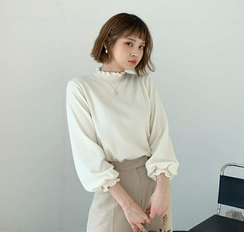 【新作10%OFF】起毛シャーリングTシャツ・全4色・t56382 レディース 【tops】【韓国 ファッション トップス Tシャツ モックネック ハーフネック 長袖 ボリューム袖 ぼわん袖 パフスリーブ 無地 ルーズ カジュアル 秋 冬】