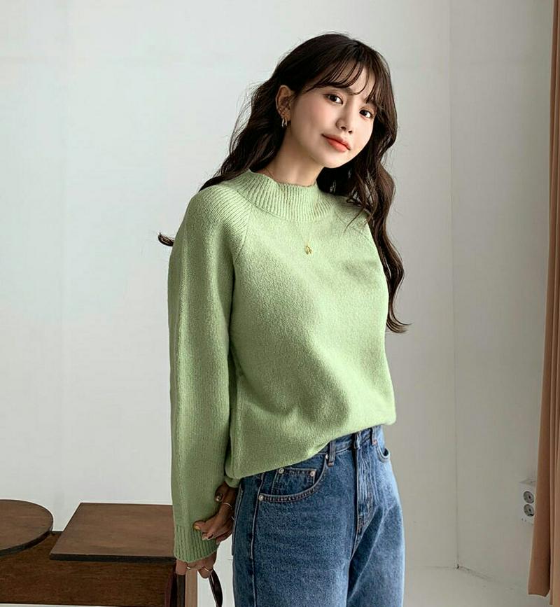 ラグランニット・全5色・b56352 レディース 【tops】【韓国 ファッション トップス ニット モックネック ハーフネック 長袖 ルーズ ゆったり　オーバーサイズ 体型カバー お尻カバー 無地 カジュアル 秋 冬】