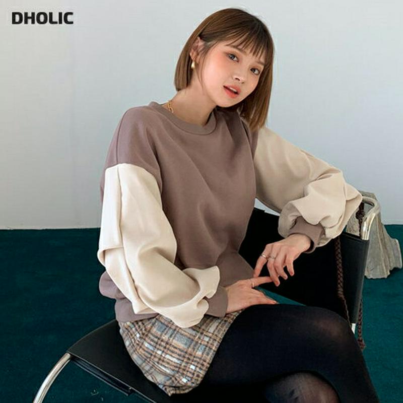 裏起毛配色パフTシャツ・全2色・b56383 レディース 【tops】【韓国 ファッション トップス Tシャツ ラウンドネック 長袖 パフスリーブ ぼわん袖 ボリューム袖 ルーズ ゆったり オーバーサイズ カジュアル 秋 冬】