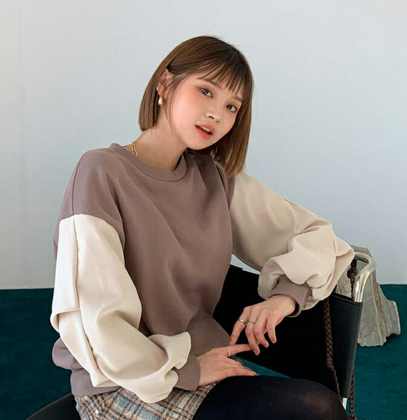 裏起毛配色パフTシャツ・全2色・b56383 レディース 【tops】【韓国 ファッション トップス Tシャツ ラウンドネック 長袖 パフスリーブ ぼわん袖 ボリューム袖 ルーズ ゆったり オーバーサイズ カジュアル 秋 冬】