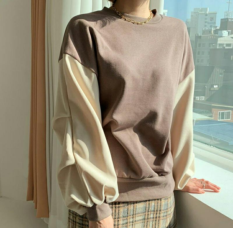 裏起毛配色パフTシャツ・全2色・b56383 レディース 【tops】【韓国 ファッション トップス Tシャツ ラウンドネック 長袖 パフスリーブ ぼわん袖 ボリューム袖 ルーズ ゆったり オーバーサイズ カジュアル 秋 冬】
