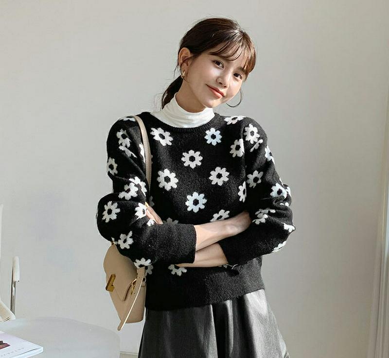 花柄パターンニット・全2色・t56351 レディース 【tops】【韓国 ファッション トップス ニット ラウンドネック 長袖 パターン 柄 総柄 パターンニット レトロ　ビンテージ ガーリー カジュアル 秋 冬】