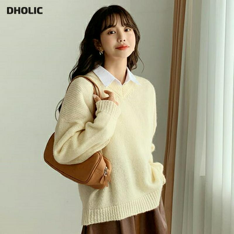 【新作10%OFF】Vネックルーズニット・全5色・b56377 レディース 【tops】【韓国 ファッション トップス ニット 長袖 ロングスリーブ ルーズ ゆったり　オーバーサイズ 体型カバー お尻カバー ロング 無地 カジュアル 秋 冬】