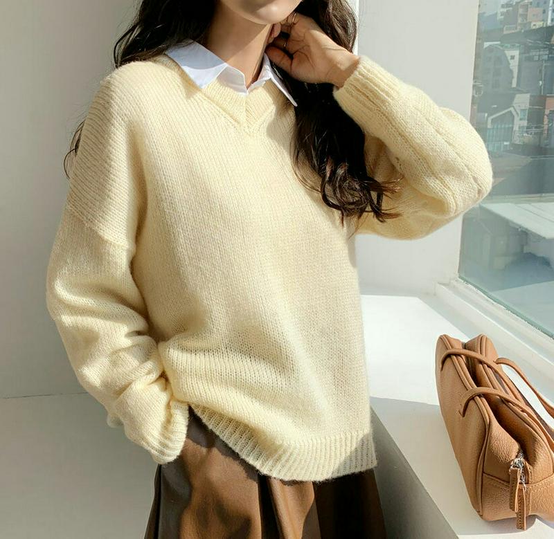 【新作10%OFF】Vネックルーズニット・全5色・b56377 レディース 【tops】【韓国 ファッション トップス ニット 長袖 ロングスリーブ ルーズ ゆったり　オーバーサイズ 体型カバー お尻カバー ロング 無地 カジュアル 秋 冬】