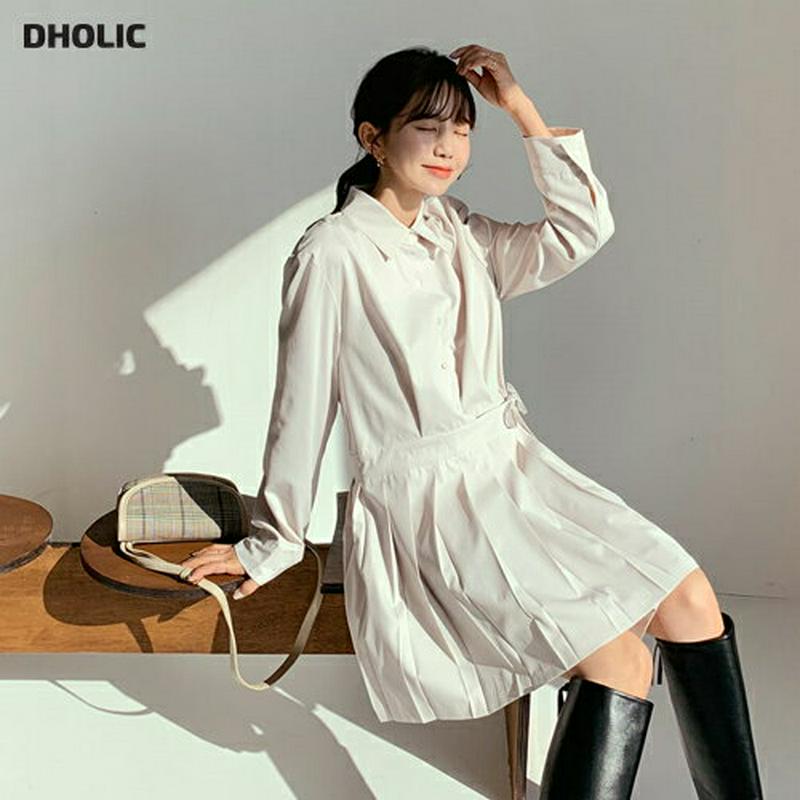 【新作10%OFF】プリーツシャツワンピース・全2色・t56386 レディース 【ops】【韓国 ファッション ワンピース ミニ ショート フレア シャツ カラー 襟 長袖 ロングスリーブ フレア Aライン 無地 カジュアル 秋 冬】