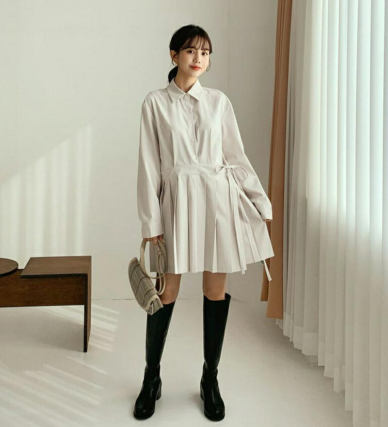 【新作10%OFF】プリーツシャツワンピース・全2色・t56386 レディース 【ops】【韓国 ファッション ワンピース ミニ ショート フレア シャツ カラー 襟 長袖 ロングスリーブ フレア Aライン 無地 カジュアル 秋 冬】
