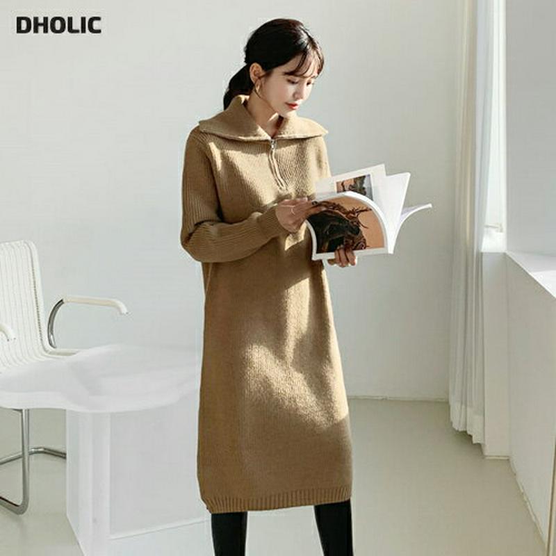 【新作10%OFF】ハーフジップニットワンピース・全2色・b56378 レディース 【ops】【韓国 ファッション ワンピース ロング ミモレ丈 カラー 襟 ジップネック 長袖 ニット リブニット Hライン ルーズ ゆったり カジュアル 秋 冬】