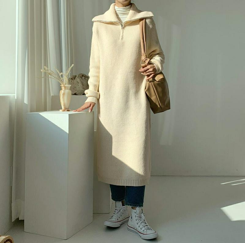 【新作10%OFF】ハーフジップニットワンピース・全2色・b56378 レディース 【ops】【韓国 ファッション ワンピース ロング ミモレ丈 カラー 襟 ジップネック 長袖 ニット リブニット Hライン ルーズ ゆったり カジュアル 秋 冬】