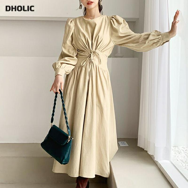 【新作10%OFF】ウエストレースアップワンピース・全2色・t65470 レディース 【ops】【ワンピース ロング ロングワンピース 長袖 レースアップ パフスリーブ パフ袖 ボリューム袖 フェミニン 可愛い かわいい 上品 秋 冬 韓国 ファッション】【ハイホリHIHOLLI】