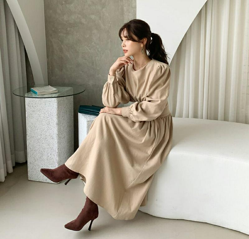 【新作10%OFF】ウエストレースアップワンピース・全2色・t65470 レディース 【ops】【ワンピース ロング ロングワンピース 長袖 レースアップ パフスリーブ パフ袖 ボリューム袖 フェミニン 可愛い かわいい 上品 秋 冬 韓国 ファッション】【ハイホリHIHOLLI】