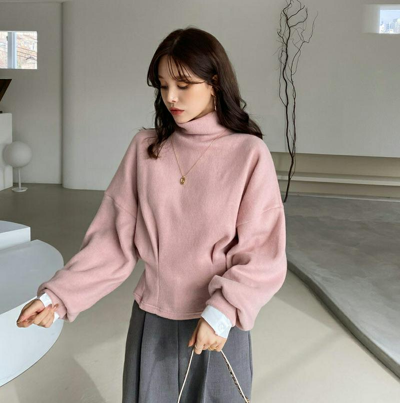【新作10%OFF】起毛タックTシャツ・全3色・b65462 レディース 【tops】【トップス Tシャツ 長袖 タック 起毛 単色 無地 シンプル ハイネック 柔らかい 秋 冬 韓国 ファッション】【ハイホリHIHOLLI】
