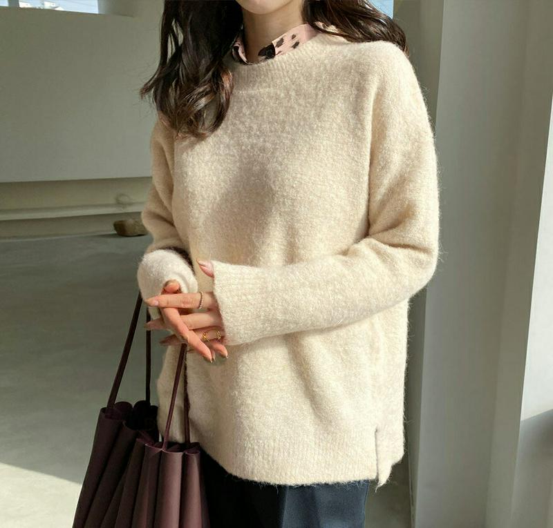 【新作10%OFF】ラウンドスリットニット・全5色・t65471 レディース 【tops】【トップス ニット ニットトップ 長袖 スリット 単色 無地 シンプル カジュアル メランジ アンバランス ウール アンゴラ 冬 韓国 ファッション】【ハイホリHIHOLLI】