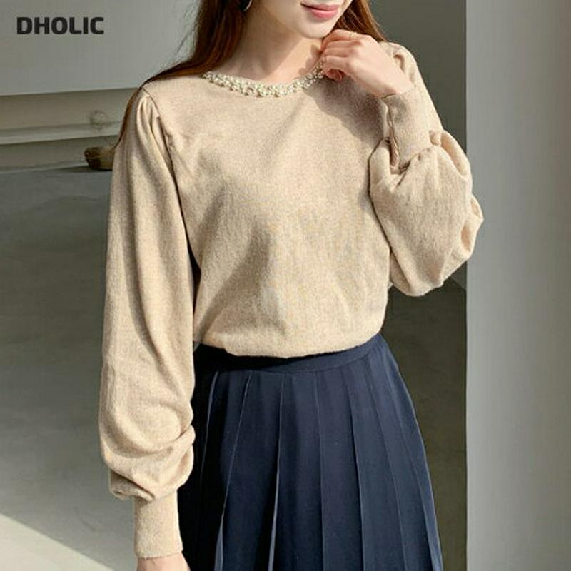 【只今10%OFF】パールネックニット・全5色・b65481 レディース 【tops】【トップス ニット ニットトップス 長袖 パール フェミニン カシミヤ ウール 上品 パフスリーブ パフ袖 ボリューム袖 かわいい 秋 冬 韓国 ファッション】【ハイホリHIHOLLI】