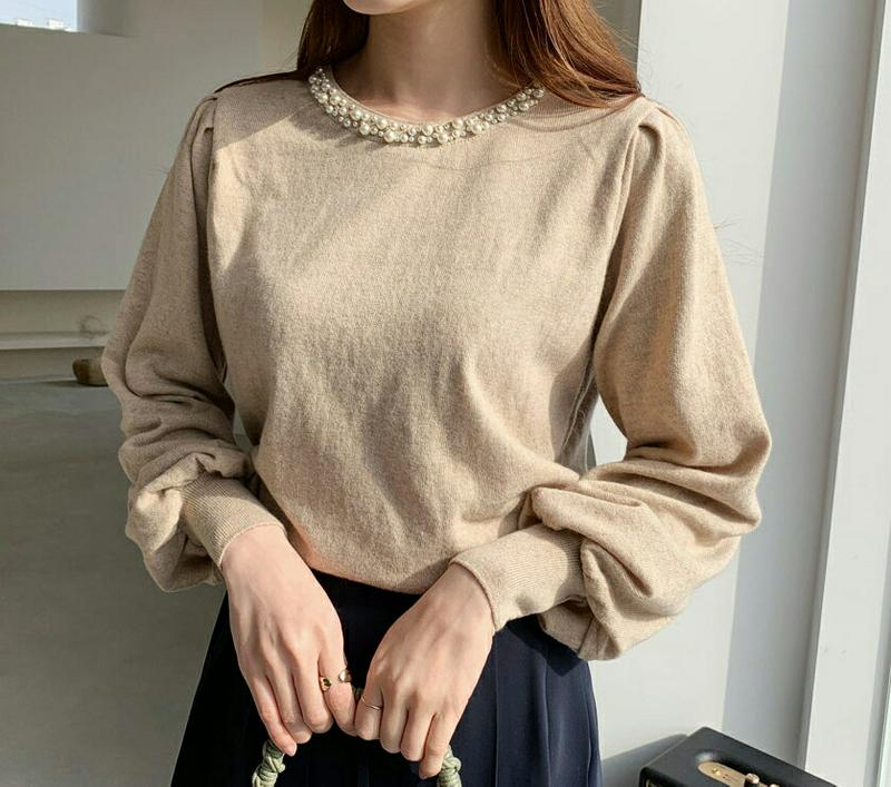 【只今10%OFF】パールネックニット・全5色・b65481 レディース 【tops】【トップス ニット ニットトップス 長袖 パール フェミニン カシミヤ ウール 上品 パフスリーブ パフ袖 ボリューム袖 かわいい 秋 冬 韓国 ファッション】【ハイホリHIHOLLI】