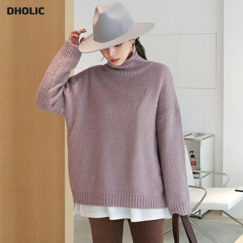 【只今10%OFF】ハイネックルーズニット・全4色・b65365 レディース 【tops】【トップス ニット ニットトップス ルーズ ゆったり 長袖 単色 無地 シンプル カジュアル ハイネック ラフ ウール　秋 冬 韓国 ファッション】【ハイホリHIHOLLI】