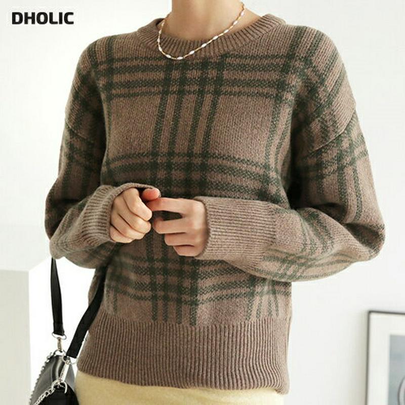 【只今10%OFF】ラウンドチェックニット・全3色・t61163 レディース 【tops】【トップス ニット ニットトップス チェック柄 ラウンドネック 長袖 カジュアル 大人 秋 冬 韓国 ファッション】