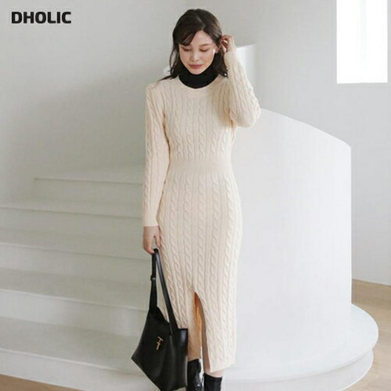 【只今10%OFF】ツイストニットワンピース・全3色・t65372 レディース 【ops】【ワンピース ロング ロングワンピース ニット ニットワンピース 長袖 ツイスト 単色 無地 シンプル スリット カシュクール 秋 冬 韓国 ファッション】【ハイホリHIHOLLI】