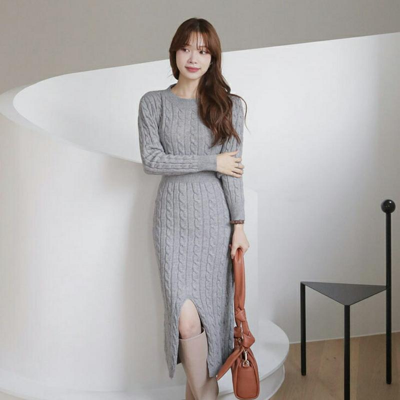 【只今10%OFF】ツイストニットワンピース・全3色・t65372 レディース 【ops】【ワンピース ロング ロングワンピース ニット ニットワンピース 長袖 ツイスト 単色 無地 シンプル スリット カシュクール 秋 冬 韓国 ファッション】【ハイホリHIHOLLI】