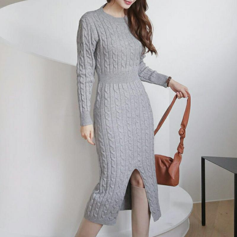 【只今10%OFF】ツイストニットワンピース・全3色・t65372 レディース 【ops】【ワンピース ロング ロングワンピース ニット ニットワンピース 長袖 ツイスト 単色 無地 シンプル スリット カシュクール 秋 冬 韓国 ファッション】【ハイホリHIHOLLI】