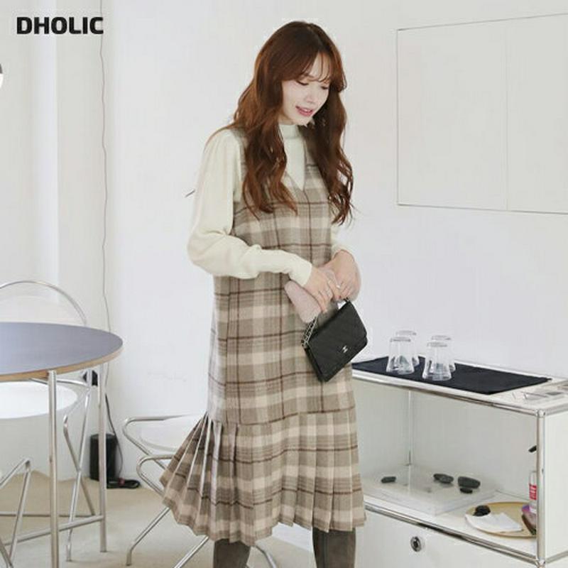 【只今10%OFF】プリーツへムチェックワンピース・全2色・t65374 レディース 【ops】【ワンピース ミディ丈 ミディワンピース チェック柄 プリーツ プリーツヘム スリーブレス ノースリーブ Vネック かわいい 秋 冬 韓国 ファッション】【ハイホリHIHOLLI】