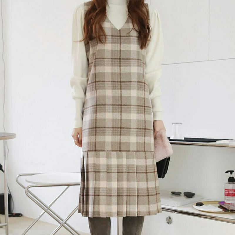 【只今10%OFF】プリーツへムチェックワンピース・全2色・t65374 レディース 【ops】【ワンピース ミディ丈 ミディワンピース チェック柄 プリーツ プリーツヘム スリーブレス ノースリーブ Vネック かわいい 秋 冬 韓国 ファッション】【ハイホリHIHOLLI】