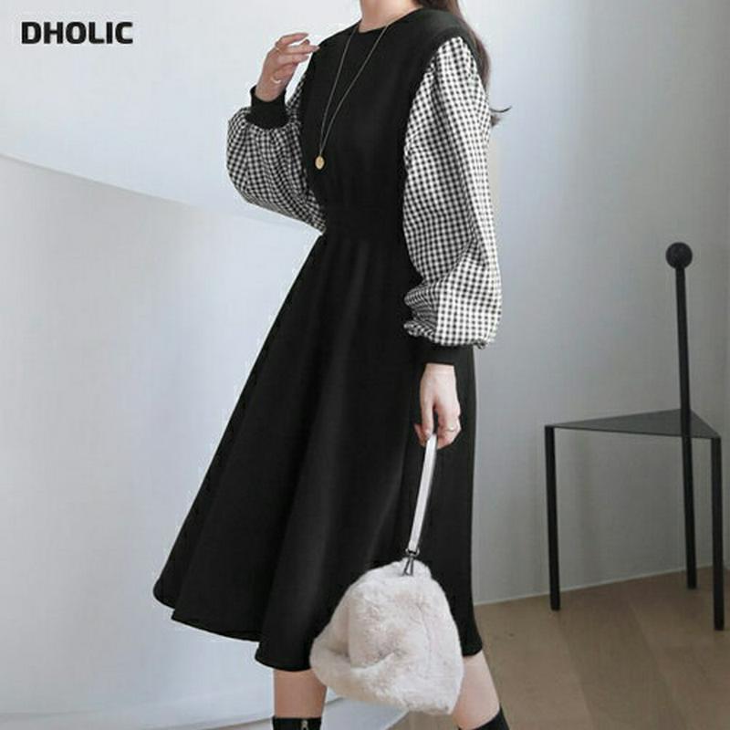 【只今10%OFF】裏起毛チェックスリーブワンピース・全3色・b65376 レディース 【ops】【ワンピース ミディ丈 ミディワンピース 長袖 チェック柄 裏起毛 カジュアル ラフ ギンガムチェック 冬 韓国 ファッション】【ハイホリHIHOLLI】