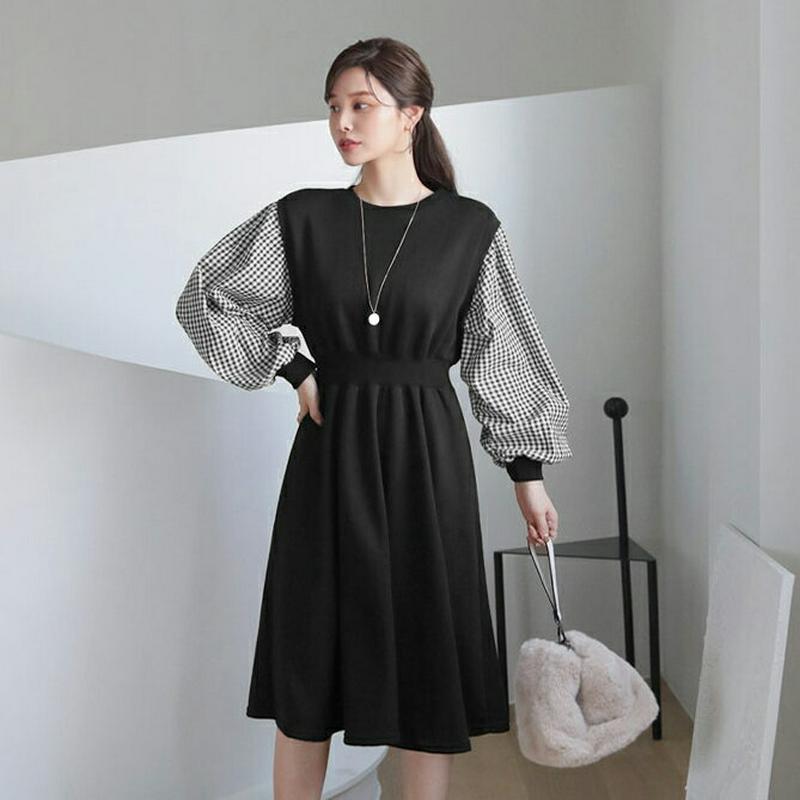 【只今10%OFF】裏起毛チェックスリーブワンピース・全3色・b65376 レディース 【ops】【ワンピース ミディ丈 ミディワンピース 長袖 チェック柄 裏起毛 カジュアル ラフ ギンガムチェック 冬 韓国 ファッション】【ハイホリHIHOLLI】