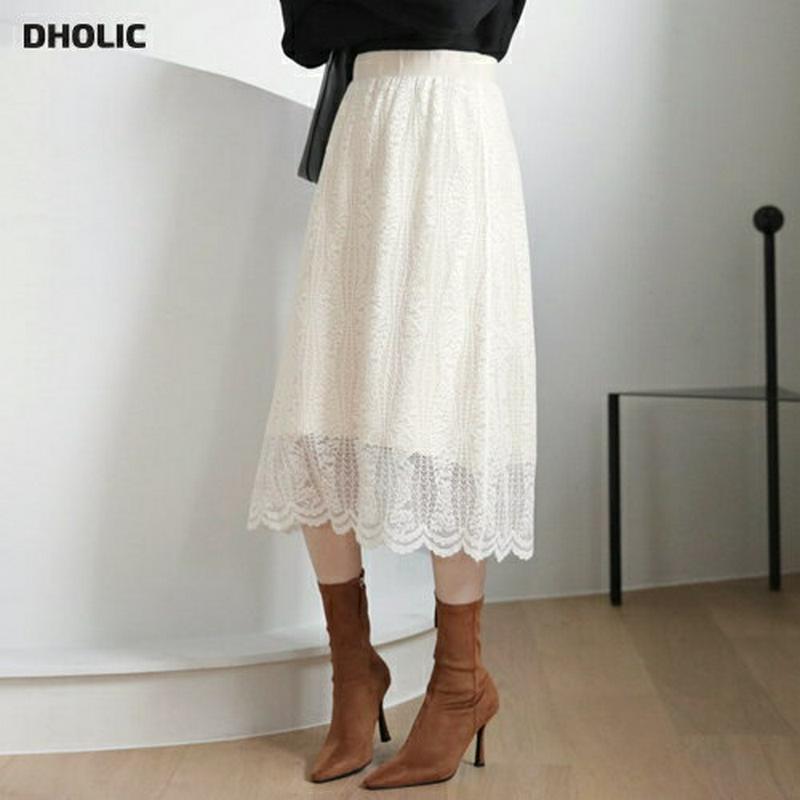 レースニットリバーシブルスカート・全2色・t65388 レディース 【sk】【スカート ミディ丈 ミディスカート　レース ニット ニットスカート 総レース フェミニン リバーシブル かわいい ウエストゴム 秋 冬 韓国 ファッション】【ハイホリHIHOLLI】【RV】