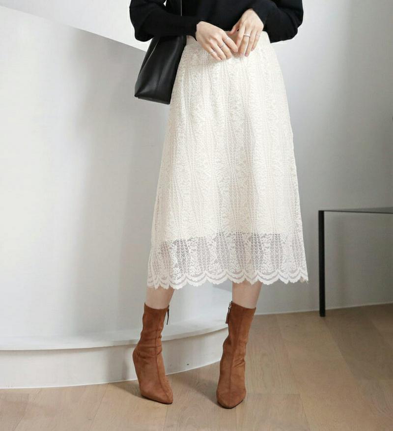 レースニットリバーシブルスカート・全2色・t65388 レディース 【sk】【スカート ミディ丈 ミディスカート　レース ニット ニットスカート 総レース フェミニン リバーシブル かわいい ウエストゴム 秋 冬 韓国 ファッション】【ハイホリHIHOLLI】【RV】