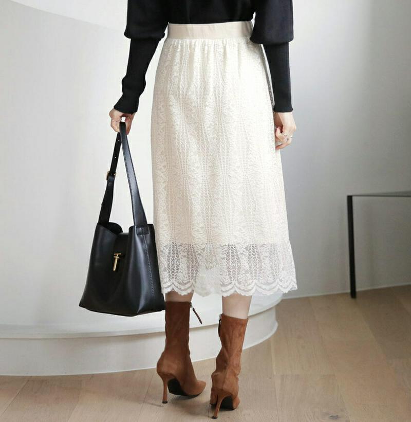 レースニットリバーシブルスカート・全2色・t65388 レディース 【sk】【スカート ミディ丈 ミディスカート　レース ニット ニットスカート 総レース フェミニン リバーシブル かわいい ウエストゴム 秋 冬 韓国 ファッション】【ハイホリHIHOLLI】【RV】