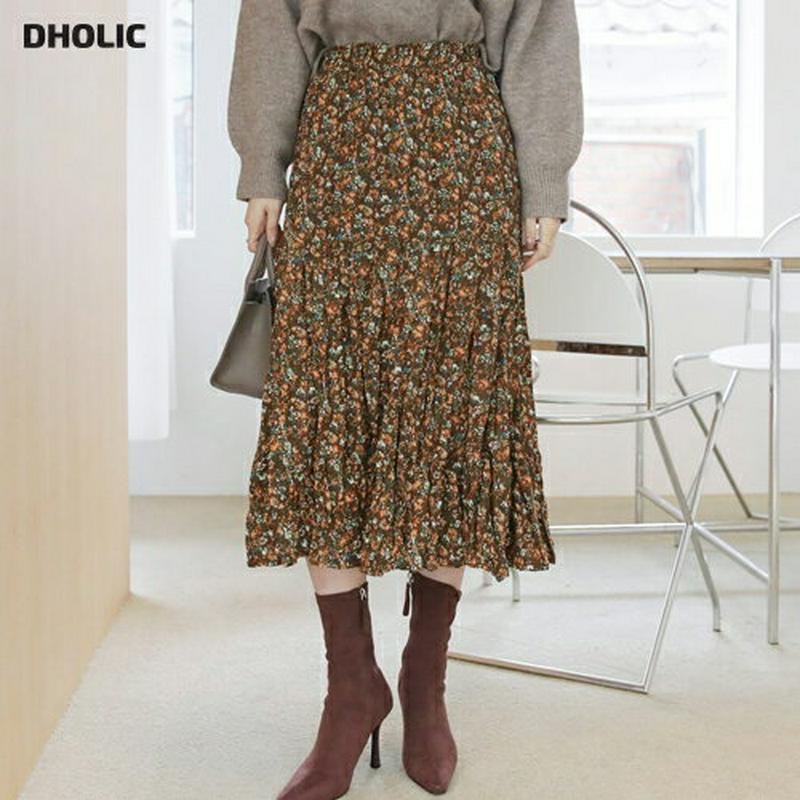 【只今10%OFF】裏起毛小花柄スカート・全3色・t65389 レディース 【sk】【スカート ミディ丈 ミディスカート 花柄 フラワー 小花柄 裏起毛 可愛い かわいい リンクル 上ストゴム 体型カバー 冬 韓国 ファッション】【ハイホリHIHOLLI】