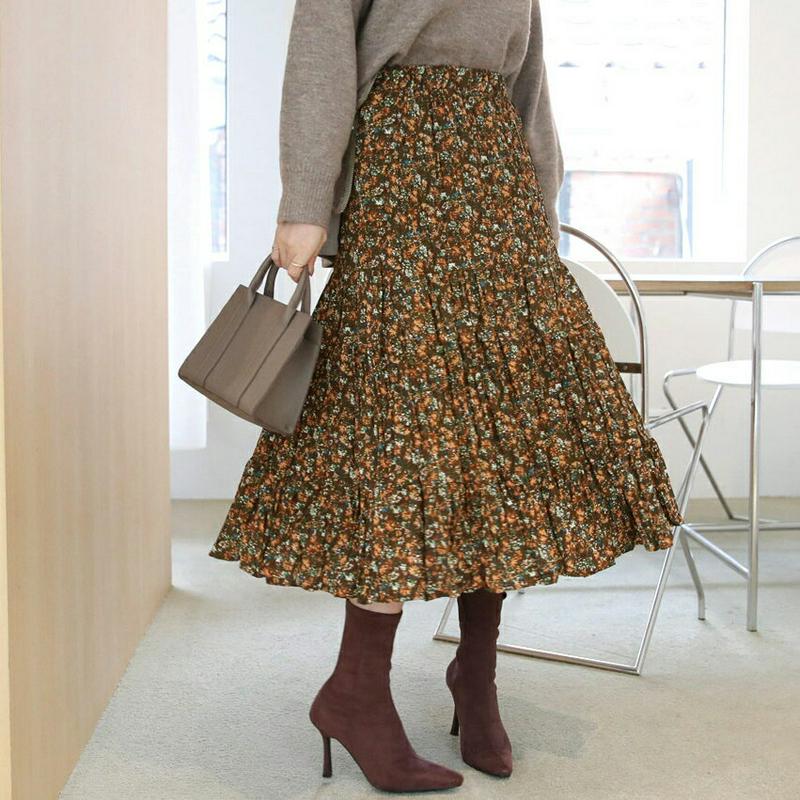 【只今10%OFF】裏起毛小花柄スカート・全3色・t65389 レディース 【sk】【スカート ミディ丈 ミディスカート 花柄 フラワー 小花柄 裏起毛 可愛い かわいい リンクル 上ストゴム 体型カバー 冬 韓国 ファッション】【ハイホリHIHOLLI】