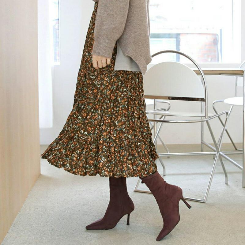 【只今10%OFF】裏起毛小花柄スカート・全3色・t65389 レディース 【sk】【スカート ミディ丈 ミディスカート 花柄 フラワー 小花柄 裏起毛 可愛い かわいい リンクル 上ストゴム 体型カバー 冬 韓国 ファッション】【ハイホリHIHOLLI】