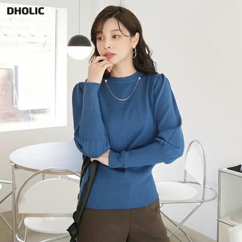 【只今10%OFF】ラウンドチェーンニット・全4色・b65309 レディース 【tops】【トップス ニット ニットトップス 長袖 単色 無地 シンプル カジュアル パフスリーブ パフ袖 秋 冬 韓国 ファッション】【ハイホリHIHOLLI】