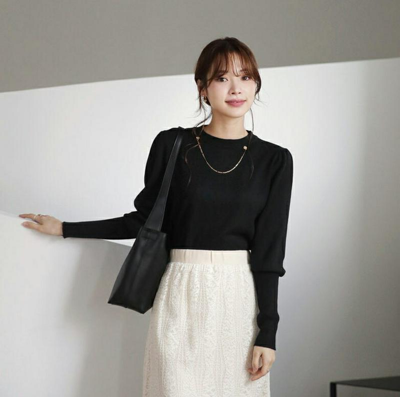 【只今10%OFF】ラウンドチェーンニット・全4色・b65309 レディース 【tops】【トップス ニット ニットトップス 長袖 単色 無地 シンプル カジュアル パフスリーブ パフ袖 秋 冬 韓国 ファッション】【ハイホリHIHOLLI】
