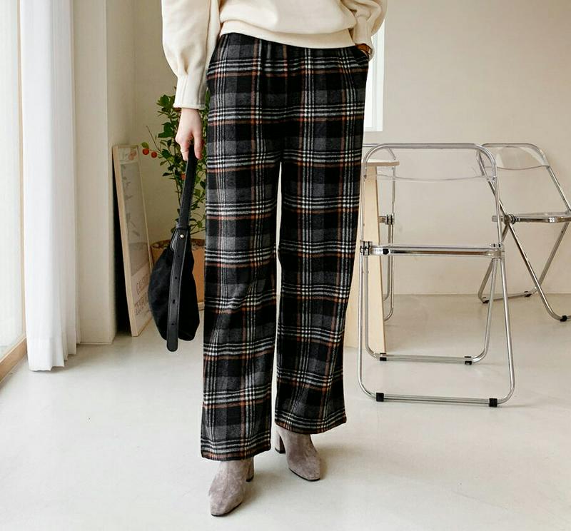 【只今10%OFF】チェックワイドパンツ・全2色・t56323 レディース 【pt】【韓国 ファッション ボトムス パンツ ロング ワイド ストレート ウエストゴム ルーズ パターン 柄 タータンチェック レトロ ビンテージ カジュアル 秋 冬】