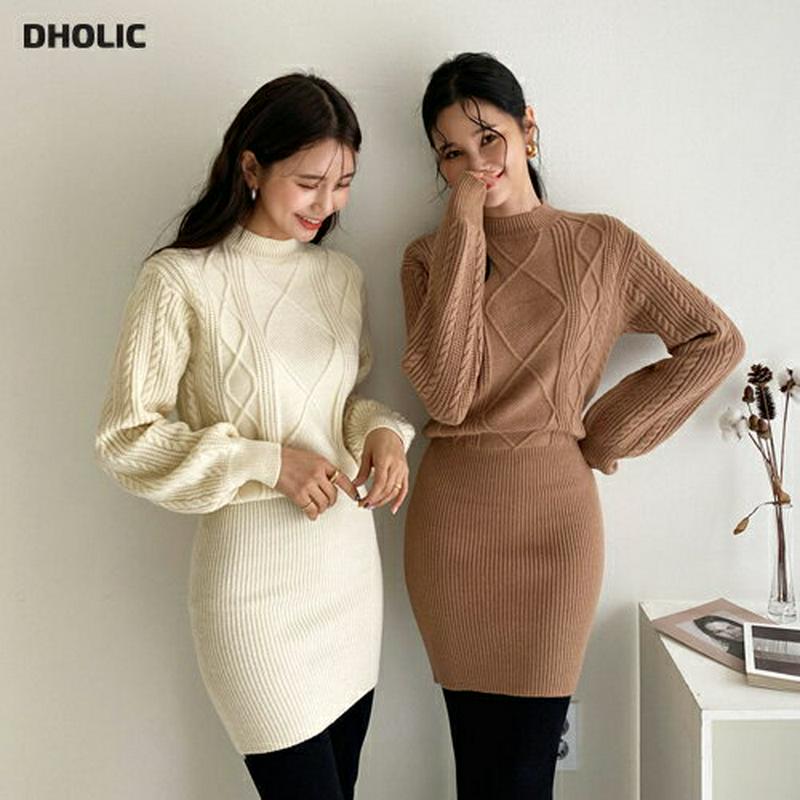 【只今10%OFF】ツイストニットミニワンピース・全2色・64590 レディース 【ops】【韓国 ファッション ワンピース ミニ ショート ニット 長袖 ラウンドネック パフスリーブ ぼわん袖 ボリュームスリーブ ケーブルニット リブニット タイト スリム 無地 カジュアル 秋 冬】