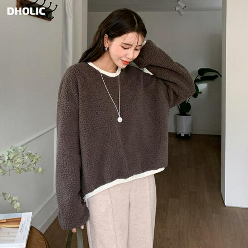 【只今10%OFF】配色ボアスウェット・全4色・t64593 レディース 【tops】【韓国 ファッション トップス スウェット トレーナー Tシャツ カットソー ボア ラウンドネック 長袖 ルーズ ゆったり オーバーサイズ 可愛い カーリー カジュアル 秋 冬】