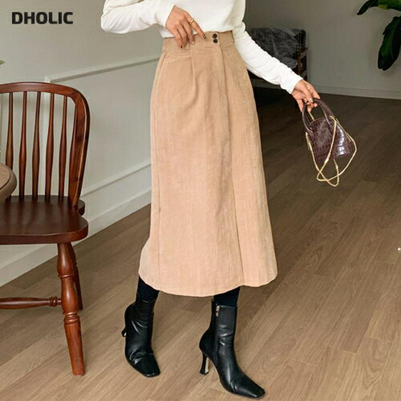 【只今10%OFF】ツーボタンタックスカート・全3色・t64575 レディース 【sk】【韓国 ファッション ボトムス スカート ロング ミモレ丈 Hライン 無地 スリット ハイウエスト 大人 カジュアル 秋 冬】