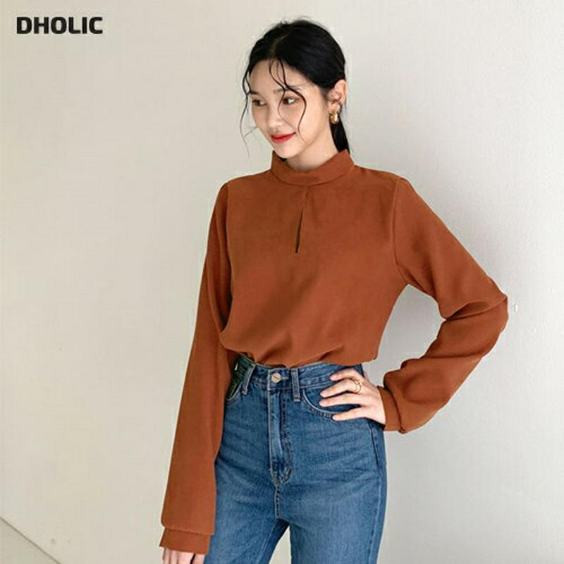 【只今10%OFF】スリットハーフネックブラウス・全4色・t64595 レディース 【bl】【韓国 ファッション トップス ブラウス モックネック 長袖 ネックスリット 長袖 とろみ オフィス　オフィスカジュアル 仕事 フォーマル スーツ 無地 大人 カジュアル 秋 冬】