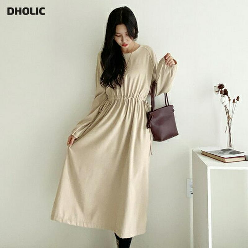 【只今10%OFF】ドロストワンピース・全2色・t64603 レディース 【ops】【韓国 ファッション ワンピース ロング Aライン フレア 長袖 ラウンドネック ウエストタイ ギャザー 無地 カジュアル 秋 冬】