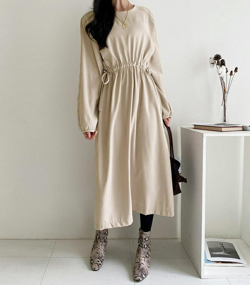 【只今10%OFF】ドロストワンピース・全2色・t64603 レディース 【ops】【韓国 ファッション ワンピース ロング Aライン フレア 長袖 ラウンドネック ウエストタイ ギャザー 無地 カジュアル 秋 冬】