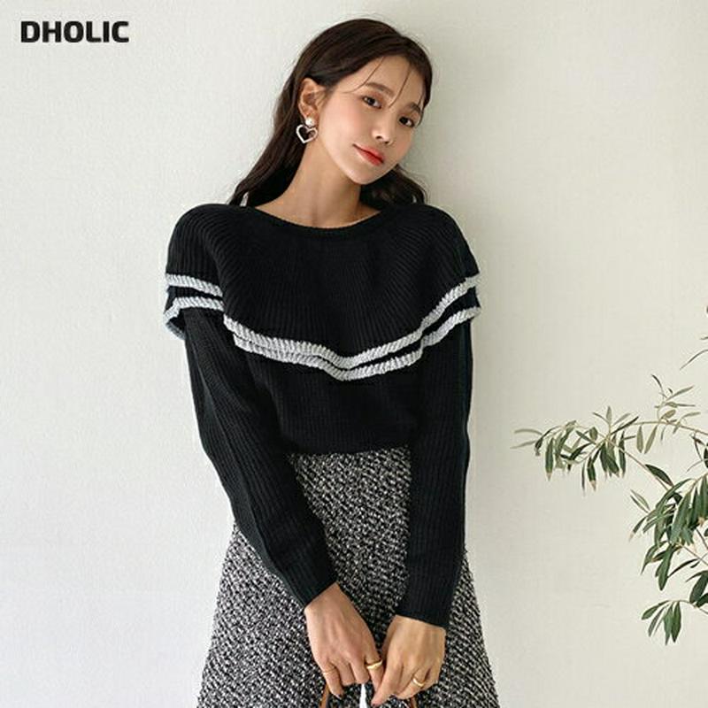配色ラッフルニット・全2色・e64564 レディース 【tops】【韓国 ファッション トップス ニット ボートネック デコルテ フリル 長袖 リブニット ラッフルネック フリルネック カジュアル 秋 冬】