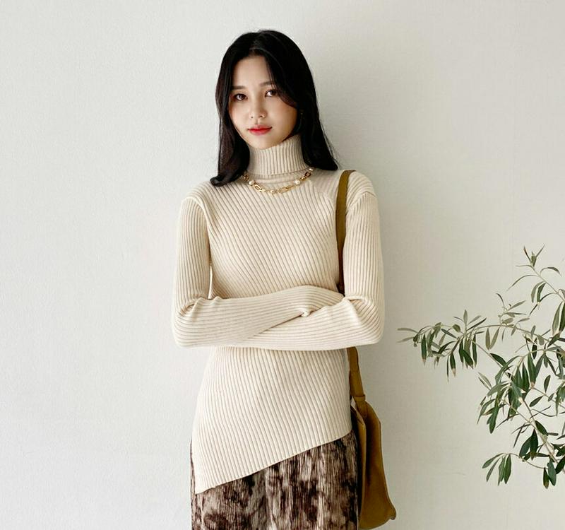 【只今10%OFF】アンバランスタートルニット・全3色・t64572 レディース 【tops】【韓国 ファッション トップス ニット ハイネック 長袖 リブニット スリム 細身 タイト アシンメトリー アシメ 無地 カジュアル 秋 冬】