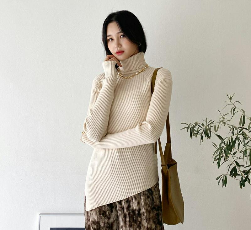 【只今10%OFF】アンバランスタートルニット・全3色・t64572 レディース 【tops】【韓国 ファッション トップス ニット ハイネック 長袖 リブニット スリム 細身 タイト アシンメトリー アシメ 無地 カジュアル 秋 冬】