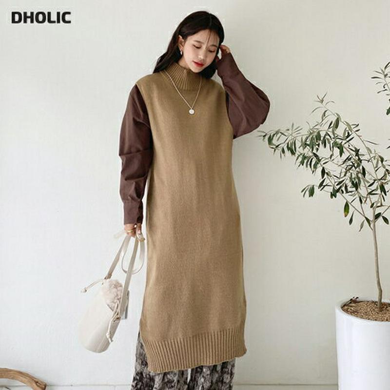 【只今10%OFF】ハイネックロングベスト・全4色・b64596 レディース 【ops】【韓国 ファッション ワンピース ロング ニットベスト ベストワンピース ノースリーブ スリーブレス モックネック ハーフネック Hライン ハイゲージ ニット カジュアル 秋 冬】
