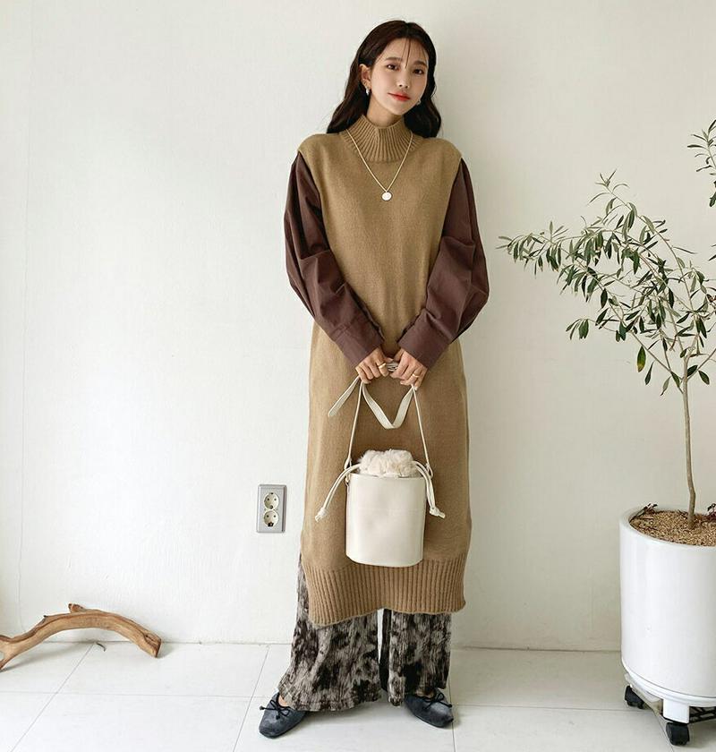 【只今10%OFF】ハイネックロングベスト・全4色・b64596 レディース 【ops】【韓国 ファッション ワンピース ロング ニットベスト ベストワンピース ノースリーブ スリーブレス モックネック ハーフネック Hライン ハイゲージ ニット カジュアル 秋 冬】